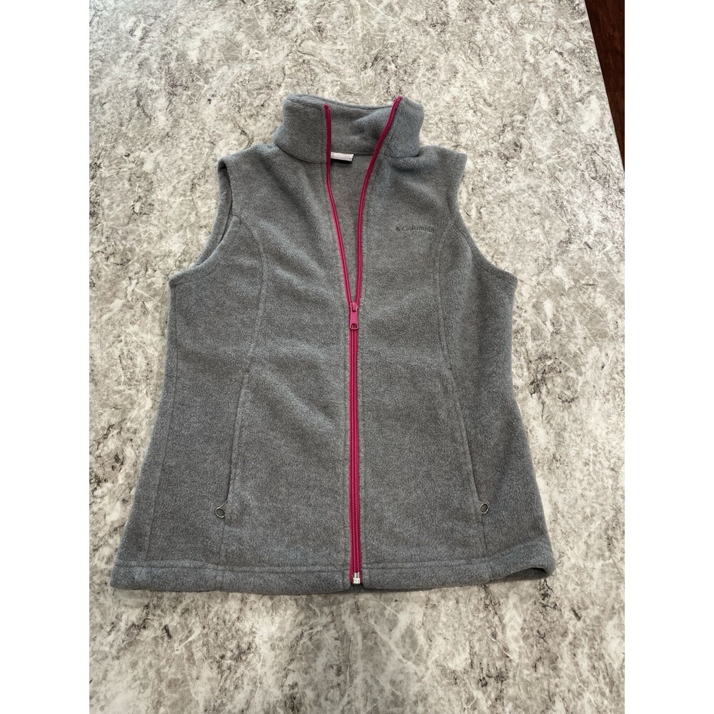 Women's Columbia Benton Springs Polar Fleece Vest, XS Gray With Pink EUC